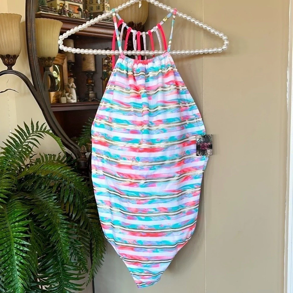 Brand New Victoria's Secret Swimsuit High Neck Strappy Back White Bright Coral